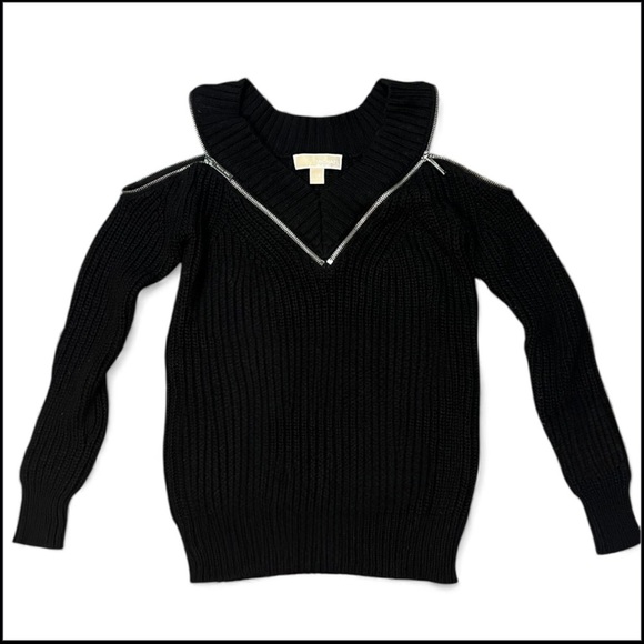 Michael Kors Black Chunky Knit Zip Cold Shoulder Sweater - Picture 5 of 8